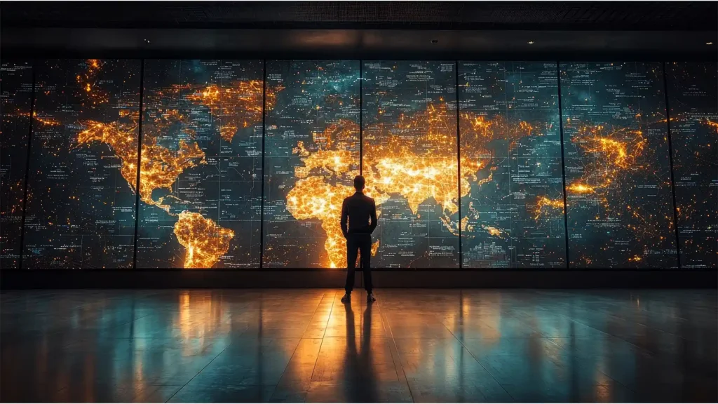 Global network on a wall and man looking at it