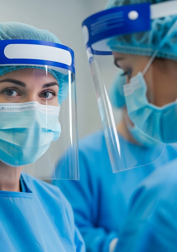 Medical professionals wearing protective gear surgical masks