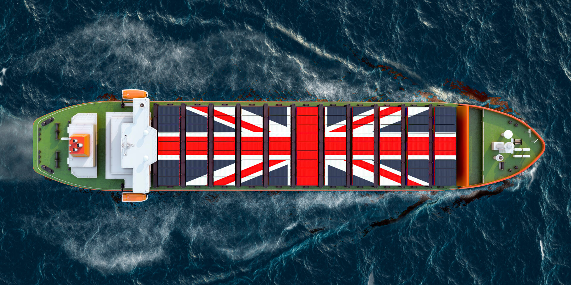 Freighter ship with British cargo containers sailing in ocean, 3D rendering