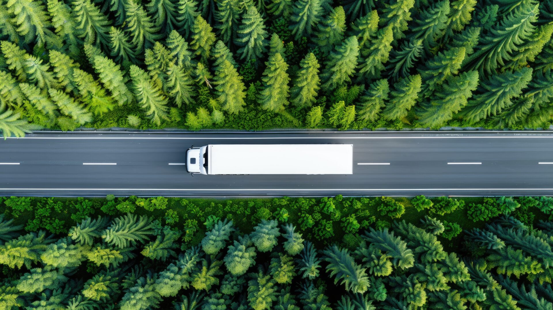 An aerial view of a white semi-truck driving down a straight road through a dense forest.